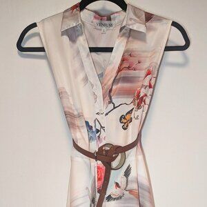 Veinfuns Floral Butterfly Midi Dress Sleeveless Collared Button Front Size L